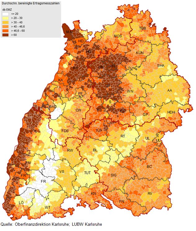 Durchschnittlich bereinigte Ertragsmesszahlen in Baden-Württemberg